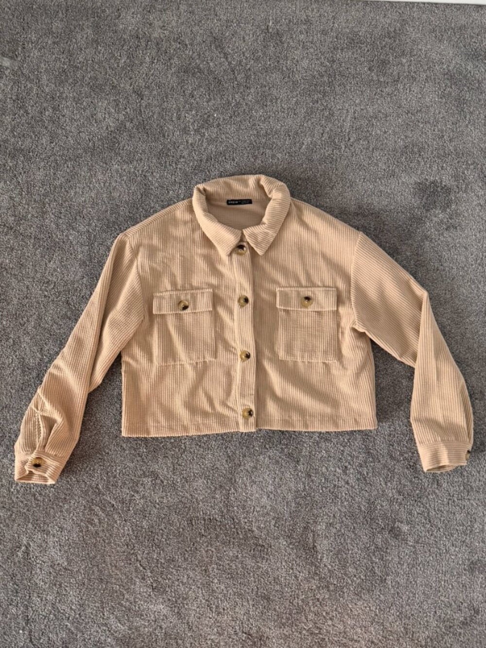 SHEIN Beige Cropped Corduroy Shacket Jacket Button Front Oversized Size L